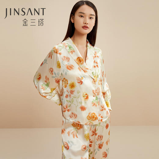 金三塔100%桑蚕丝女士真丝睡衣印花拼刺绣蕾丝双排扣时尚家居服   YSFCC202 商品图1
