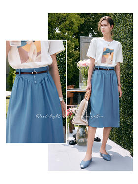 欧芮儿OLrain法式蓝色半身裙女夏季2022新款腰带中长款大摆伞裙