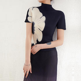 进口三宅褶皱面料 短袖立领上衣（高弹 #A222708