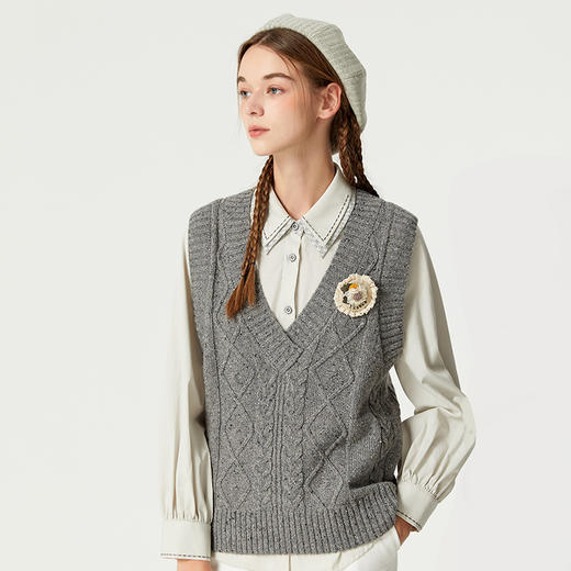 Famecoco范可儿毛衣背心女外搭秋款V领复古扭花坎肩马甲F225CA027 商品图2