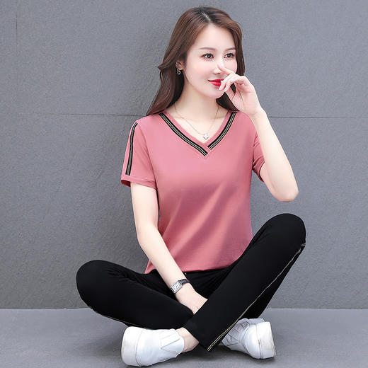 2022新款时尚休闲运动服套装女V领纯棉两件套TR-8303MDLY 商品图1