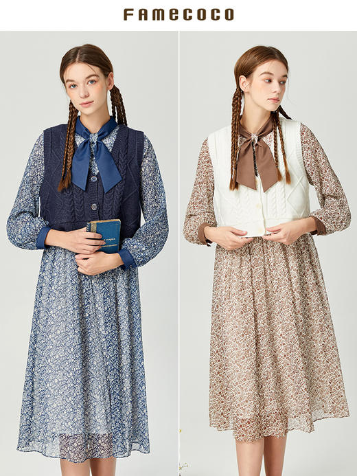 famecoco范可儿温柔女神范两件套秋季女装针织雪纺套装裙D216EA302 商品图4