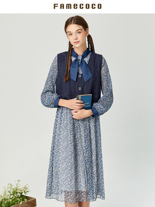 famecoco范可儿温柔女神范两件套秋季女装针织雪纺套装裙D216EA302 商品图2
