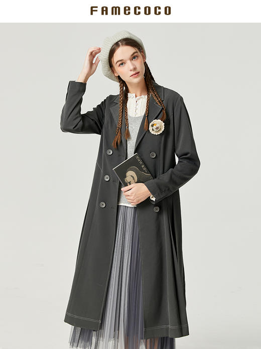 Famecoco范可儿设计感百褶裙式修身风衣新品秋季外套女士长款F225AT004 商品图3