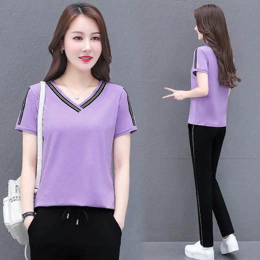 2022新款时尚休闲运动服套装女V领纯棉两件套TR-8303MDLY 商品图2