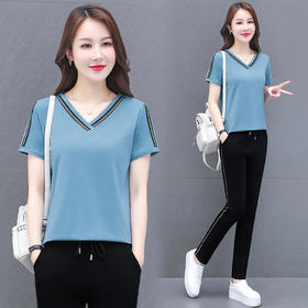 2022新款时尚休闲运动服套装女V领纯棉两件套TR-8303MDLY