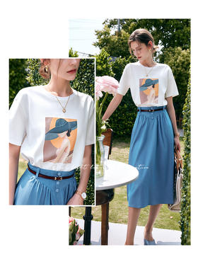 欧芮儿OLrain法式白色印花t恤女夏季2022年新款落肩袖针织上衣