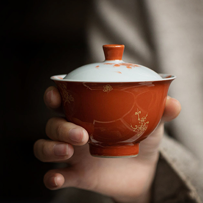 束刻/明知山志/矾红/花海/惜梦盖碗 矾红手绘盖碗 烫金花海泡茶碗 茶室文人茶空间手抓碗