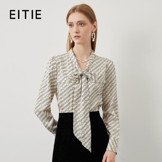 EITIE爱特爱秋季新款时尚通勤印花飘带衬衫女上衣6709416 商品图0