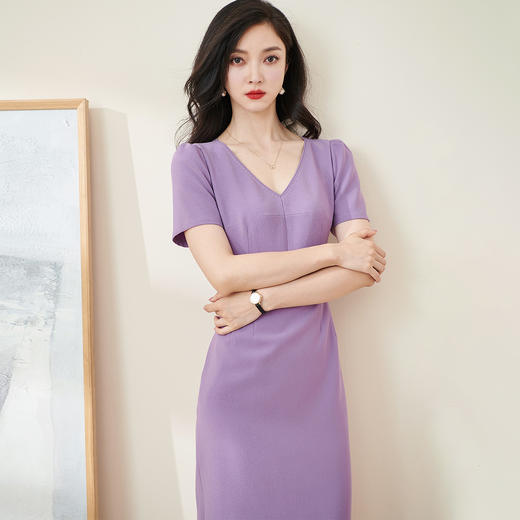 剩S/XL 米思阳2024秋季新款气质优雅淑女修身连衣裙泡泡袖V领直筒裙2252 商品图1