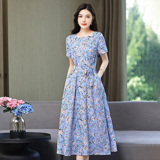 棉绸连衣裙女夏装大码阔太太妈妈装印花过膝大摆长裙 商品图2