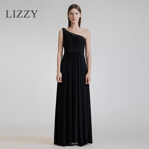 LIZZY 优雅名媛风手工钉珠单肩收腰宴会长款礼服连衣裙3653 商品图0