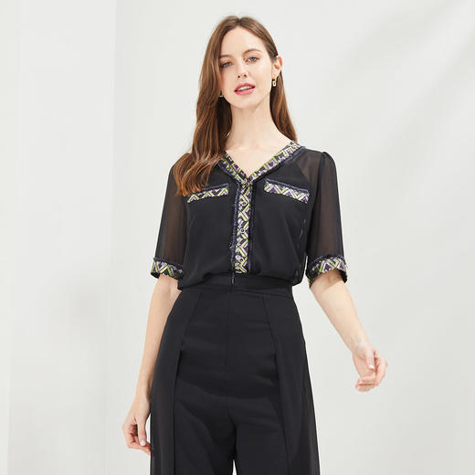 QF21A斯尔丽瑟俪2021夏季新款甜美V领拼色小流苏上衣休闲小香风式衬衫 商品图0