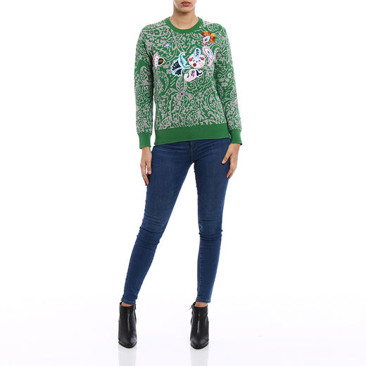 KENZO 高田贤三 女士棉质刺绣徽标撞色图案圆领长袖针织衫 绿色 F852 TO494 850 57 商品图3