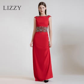LIZZY 轻奢高级感优雅手工钉珠无袖长款修身宴会礼服连衣裙5869