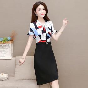 QYM-OMS-XLA121-L新款时尚气质修身V领短袖印花拼接假两件连衣裙
