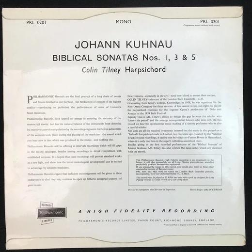 LP黑胶唱片 约翰·库瑙《第一、三、五圣经奏鸣曲》大键琴：科林·蒂尔尼 商品图1