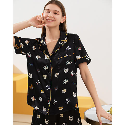 金三塔真丝睡衣衣裤套100%桑蚕丝印花趣味猫咪可外穿家居服套装   YSFAA406 商品图2