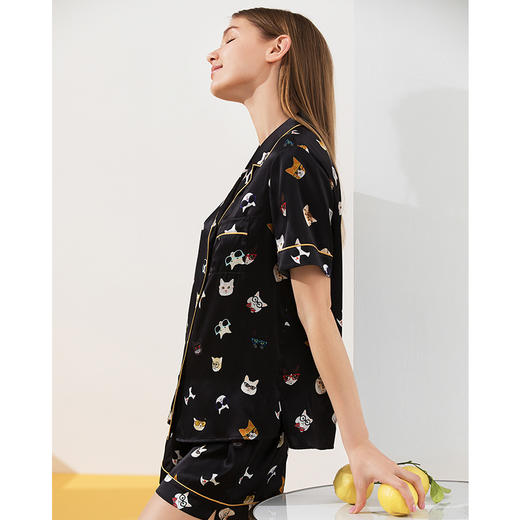 金三塔真丝睡衣衣裤套100%桑蚕丝印花趣味猫咪可外穿家居服套装   YSFAA406 商品图3