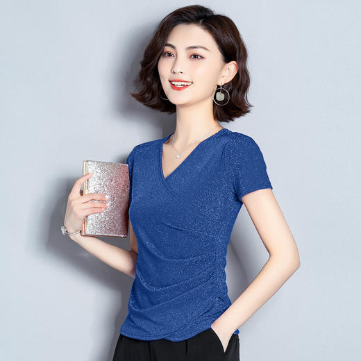 MZ3742 弹力网纱v领亮丝衫女2022夏季高档时尚上衣褶皱修身洋气打底衫潮 商品图0