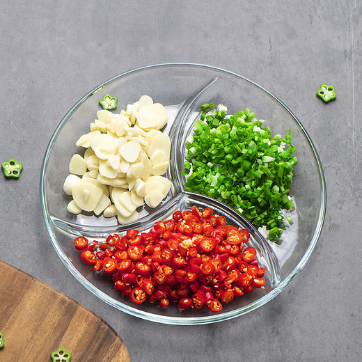 【笑麻麻荟&菲内克斯】钢化玻璃圆形三分格盘子餐具分餐盘分隔盘家用水果盘多功能配菜盘A 商品图0