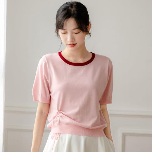 【两件立减19元】夏季针织衫薄款女冰丝上衣圆领抽绳设计透气短袖多色 商品图2