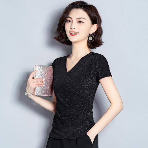MZ3742 弹力网纱v领亮丝衫女2022夏季高档时尚上衣褶皱修身洋气打底衫潮 商品图8