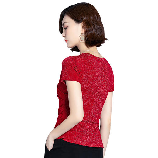 MZ3742 弹力网纱v领亮丝衫女2022夏季高档时尚上衣褶皱修身洋气打底衫潮 商品图9