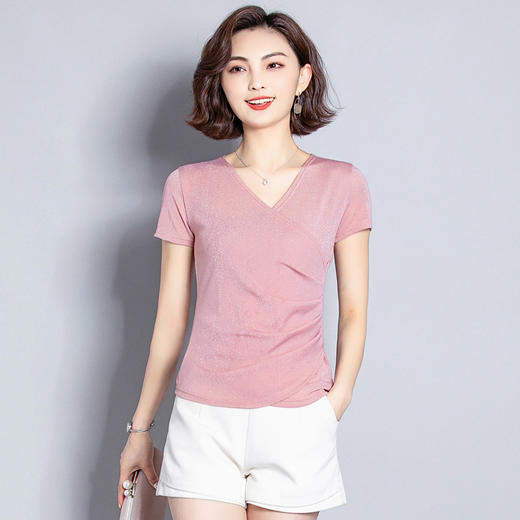MZ3742 弹力网纱v领亮丝衫女2022夏季高档时尚上衣褶皱修身洋气打底衫潮 商品图5