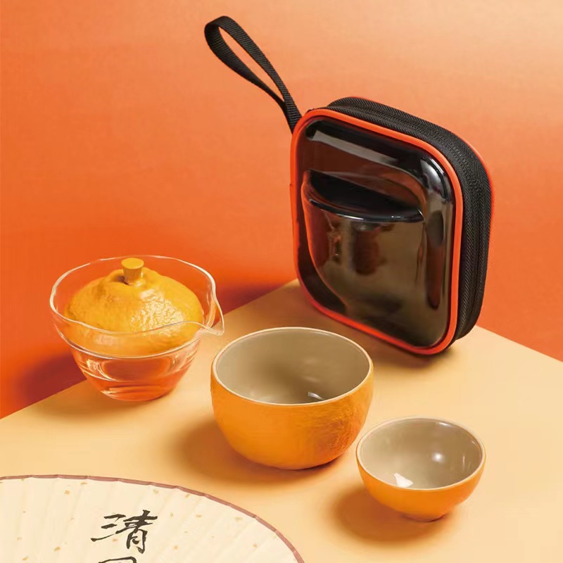 【第2件0元】珍瓷窑 万柿大橘 手工捏花快客杯 旅行包套装