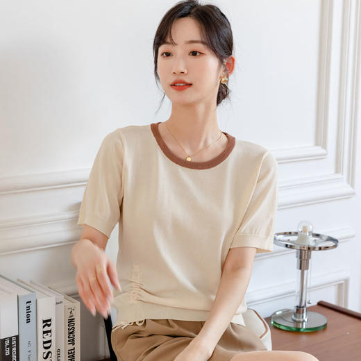 【两件立减19元】夏季针织衫薄款女冰丝上衣圆领抽绳设计透气短袖多色 商品图0