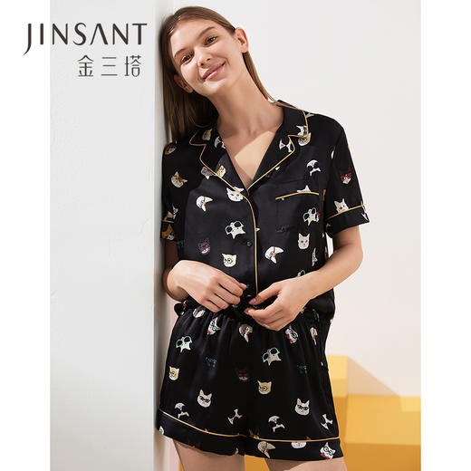 金三塔真丝睡衣衣裤套100%桑蚕丝印花趣味猫咪可外穿家居服套装   YSFAA406 商品图1