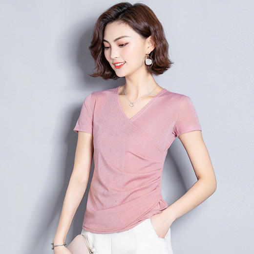 MZ3742 弹力网纱v领亮丝衫女2022夏季高档时尚上衣褶皱修身洋气打底衫潮 商品图7