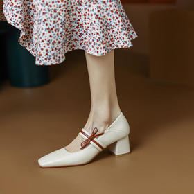 韩版仙女蝴蝶结玛丽珍鞋，牛皮粗中跟单鞋 WC-M9768