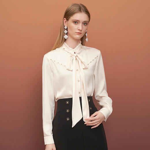 EITIE爱特爱秋季新款时尚通勤职业百搭显瘦立领飘带上衣衬衫6709420 商品图1