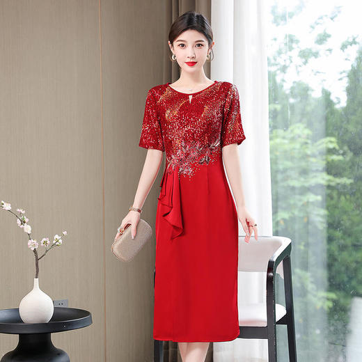 AHM-lf9760新款优雅气质修身中长款圆领短袖亮片中长款连衣裙 商品图2