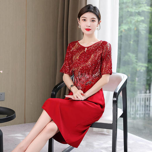 AHM-lf9760新款优雅气质修身中长款圆领短袖亮片中长款连衣裙 商品图1