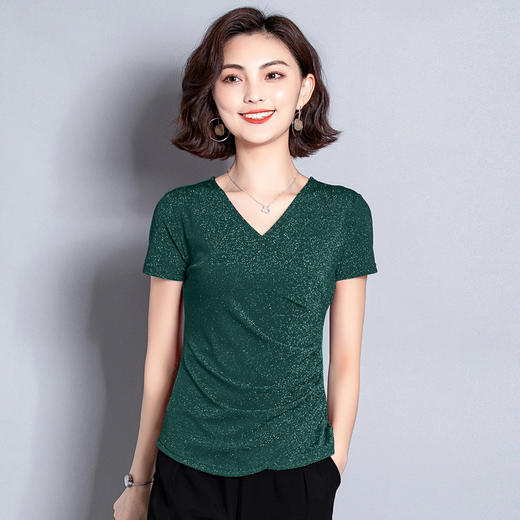 MZ3742 弹力网纱v领亮丝衫女2022夏季高档时尚上衣褶皱修身洋气打底衫潮 商品图1