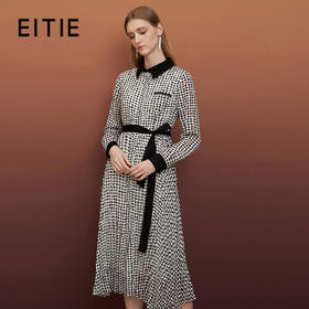 EITIE爱特爱秋季新款女装立领时尚百褶裙摆系带印花连衣裙长裙6707406