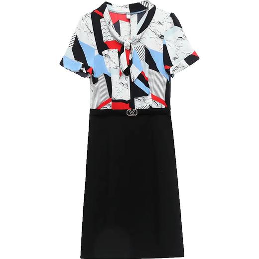 QYM-OMS-XLA121-L新款时尚气质修身V领短袖印花拼接假两件连衣裙 商品图5