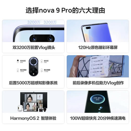 HUAWEI nova 9 Pro 双3200万前置Vlog镜头 100W超级快充 10亿色臻彩屏 8GB+256GB 9号色 华为手机 商品图2