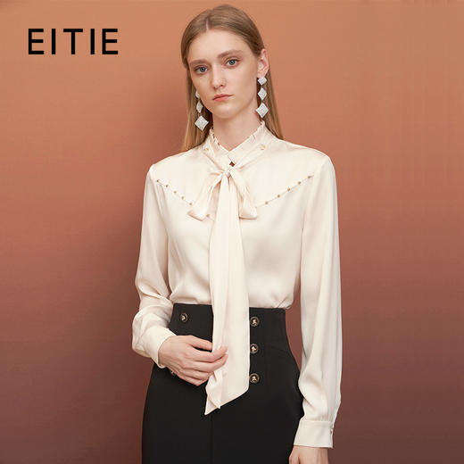 EITIE爱特爱秋季新款时尚通勤职业百搭显瘦立领飘带上衣衬衫6709420 商品图0