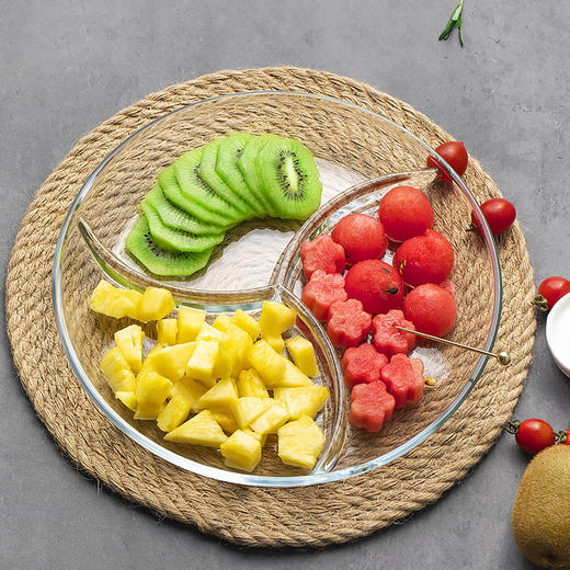 【笑麻麻荟&菲内克斯】钢化玻璃圆形三分格盘子餐具分餐盘分隔盘家用水果盘多功能配菜盘A 商品图4