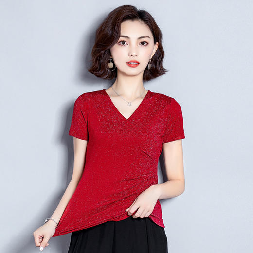 MZ3742 弹力网纱v领亮丝衫女2022夏季高档时尚上衣褶皱修身洋气打底衫潮 商品图3