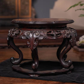 清 红木镶瘿木面云纹三弯腿五足带托泥花口器座