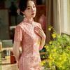 粉色性感旗袍,蕾丝绣花短袖立领走秀晚礼服ST- B2158 商品缩略图2