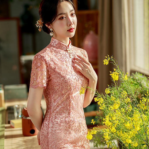 粉色性感旗袍,蕾丝绣花短袖立领走秀晚礼服ST- B2158 商品图2