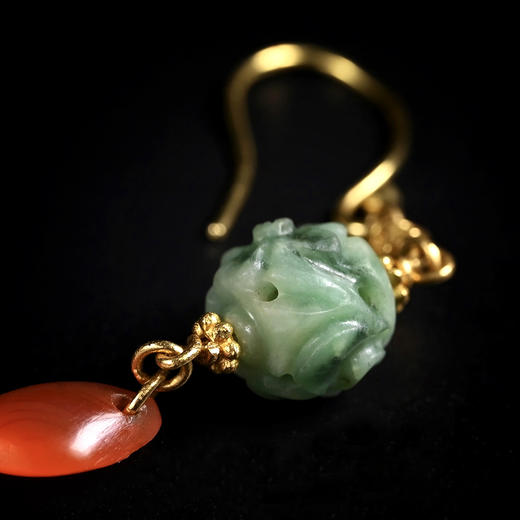 清代翡翠玲珑珠+红玛瑙坠耳环 商品图4