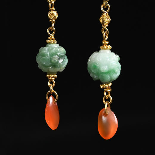 清代翡翠玲珑珠+红玛瑙坠耳环 商品图1