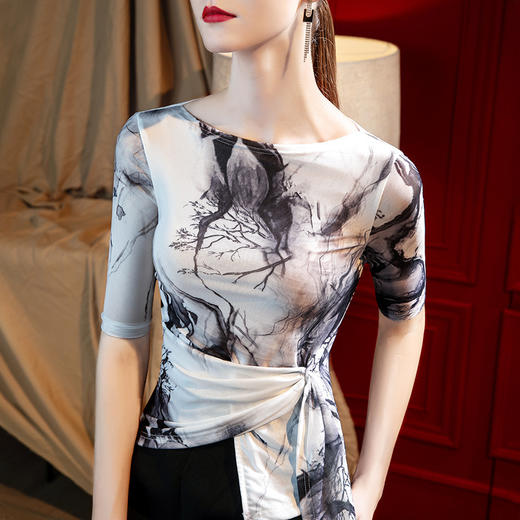 优雅一字领印花中袖T恤，新款网纱印花上衣不规则洋气绑带收腰小衫SG-T2Q2770 商品图0